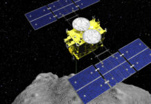 Japan Space Probe Drops Explosive on Asteroid to Make Crater In this computer graphics image released by the Japan Aerospace Exploration Agency (JAXA), the Hayabusa2 spacecraft is seen above on the asteroid Ryugu. Photo: ISAS / JAXA via AP