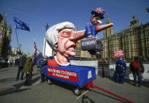 UK Parliament Rejects Alternatives to May’s Brexit Deal Anti-Brexit demonstrators with an effigy of British Prime Minister Theresa May near College Green at the Houses of Parliament in London, Monday, April 1, 2019.. Photo: Jonathan Brady / PA via AP