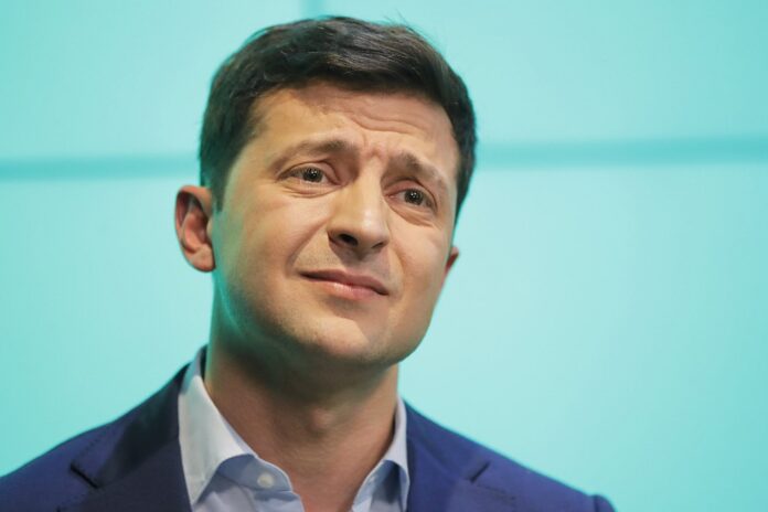 Ukrainian comedian and presidential candidate Volodymyr Zelenski speaks to his supporters at his headquarters after the second round of presidential elections in Kiev, Ukraine, Sunday, April 21, 2019.