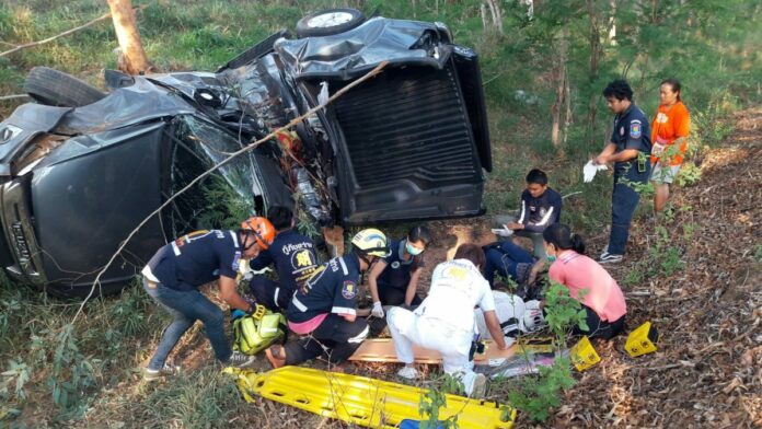 Emergency officials at the scene of a road accident in Korat, Nakhon Ratchasima on April 13, 2019. Emergency officials at the scene of a road accident in Korat, Nakhon Ratchasima on April 13, 2019.