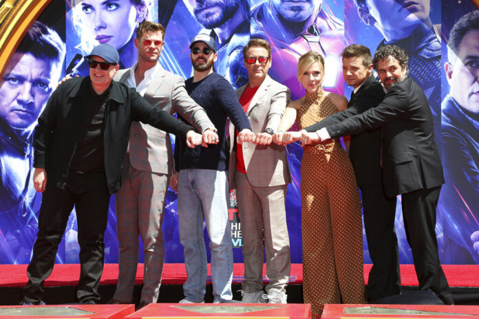 Kevin Feige, Chris Hemsworth, Chris Evans, Robert Downey Jr., Scarlett Johansson, Jeremy Renner, Mark Ruffalo Marvel Studios President Kevin Feige, from left, poses with members of the cast of