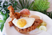 Fried Chicken and Donuts Join Plates at Nang Linchi Signature Chicken and Donut (300 baht).