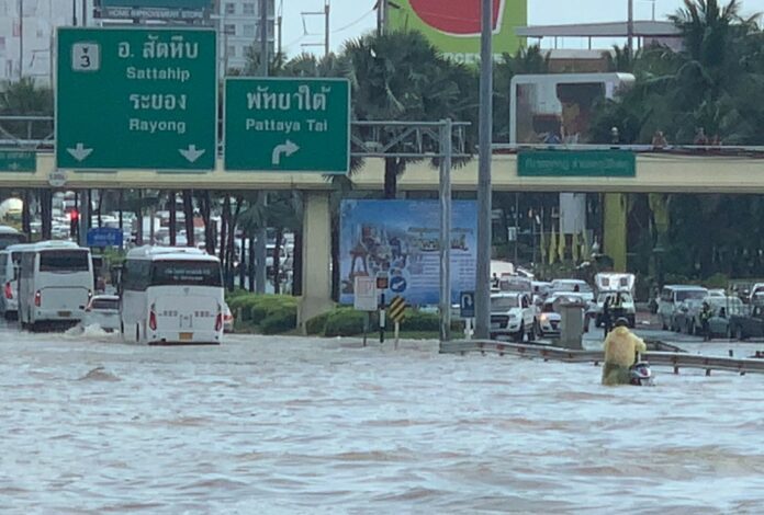 Cars are jammed on a flooded street Wednesday in Pattaya city.