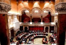Manhattan Tolls, Plastic Bag Ban Approved in New York Budget Members of the New York state Senate debate budget bills during session in Senate Chamber at the state Capitol Sunday, March, 31, 2019, in Albany, N.Y. Photo: Hans Pennink / Associated Press