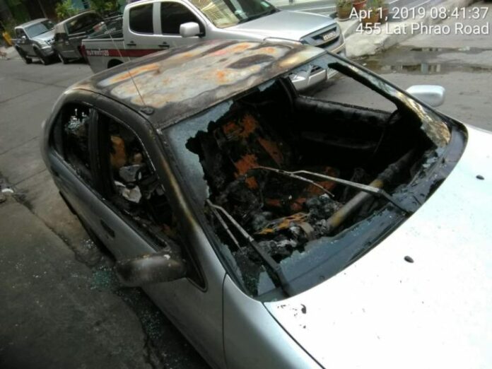 A still image from security footage Monday shows Ekachai Hongkangwan’s burnt car. Image: Ekachai Hongkangwan / Facebook