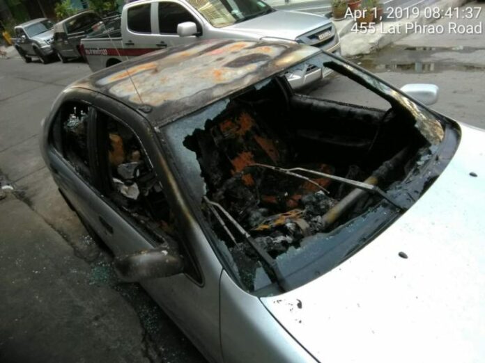 A still image from security footage Monday shows Ekachai Hongkangwan’s burnt car. Image: Ekachai Hongkangwan / Facebook A still image from security footage Monday shows Ekachai Hongkangwan’s burnt car. Image: Ekachai Hongkangwan / Facebook