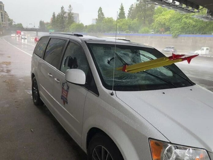 In this Thursday, May 16, 2019, photo released by El Dorado Veterans Resources Transportation/Military Family Support Group (MFSG) shows a stolen tripod from a California Department of Transportation crew, that was dropped from an overpass onto a Sacramento freeway, impaling the lung of a passenger riding on a El Dorado Veterans Resources, van in Sacramento, Calif.