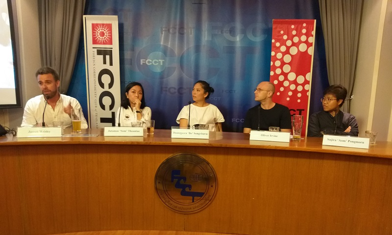 From left to right: Jarrett Wrisley, Jutamas "Som" Theantae, Duangporn “Bo” Songvisava, Oliver Irvine, Sujira “Aom” Pongmorn at the Foreign Correspondents' Club of Thailand on Tuesday night.