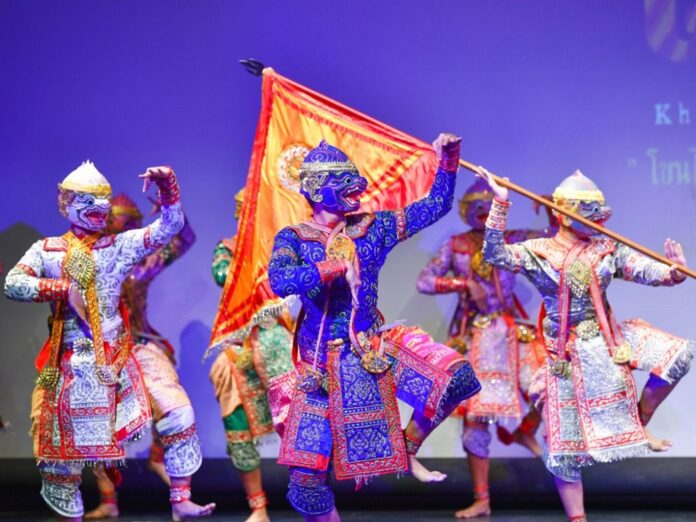 Monkey warriors march to war in a Khon performance at a news conference on May 20, 2019.