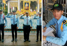 ‘My Dream Came True:’ Temple Security Guard Admitted to Top Uni Weeraphong Saehan, second from the left, at his security guard post at Wat Chedi Luang.