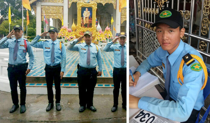Weeraphong Saehan, second from the left, at his security guard post at Wat Chedi Luang. Weeraphong Saehan, second from the left, at his security guard post at Wat Chedi Luang.