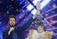 The Netherlands Wins Eurovision Song Contest in Tel Aviv Duncan Laurence of the Netherlands celebrates with the trophy after winning the 2019 Eurovision Song Contest grand final with the song "Arcade" in Tel Aviv, Israel, Saturday, May 18, 2019. In rear is Israeli Netta Barzilai the winner in 2018. Photo: Sebastian Scheiner / AP