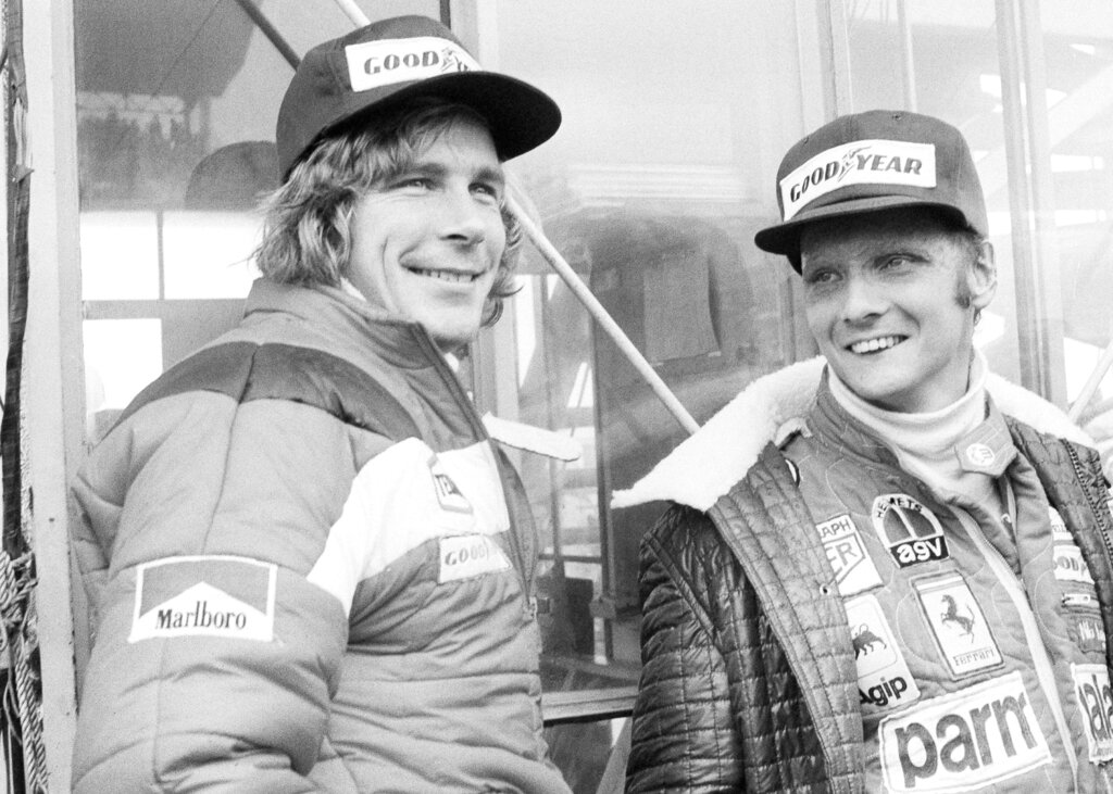 In this Oct. 24, 1976, file photo, Austrian auto racer Niki Lauda, right, defending champion in world driving, and James Hunt, of Britain, look at the rain before the start of the Japan Grand Prix Formula One auto race at Fuji International Speedway, Gotemba, Japan. Photo: Nick Ut / AP