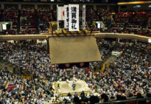 Japan Wrestling With Trump Going to Sumo During State Visit In this May 12, 2019, photo, banners thanking for a sellout crowd are displayed on the first day of Summer Grand Sumo Tournament in Tokyo. Plans for U.S. President Donald Trump to check out the ancient Japanese sport of sumo wrestling during a state visit are raising security issues for organizers. Photo: Yoshitaka Sugawara / Kyodo News via AP