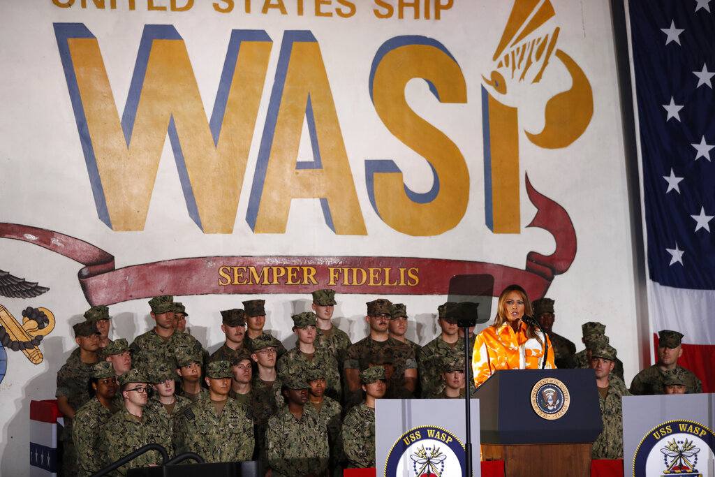 U.S. First Lady Melania Trump delivers speech to the troops aboard the USS Wasp, at the U.S. Military Base in Yokosuka, south of Tokyo, Tuesday, May 28, 2019. Photo: Eugene Hoshiko / AP