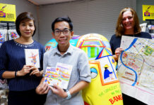 Journey’s End for Nancy Chandler’s Bangkok Maps Varisara Bejrakashem, Roengsak Chankasem, and Nima Chandler of Nancy Chandler Graphics. Nima is holding an early version of the Nancy Chandler Map of Bangkok.