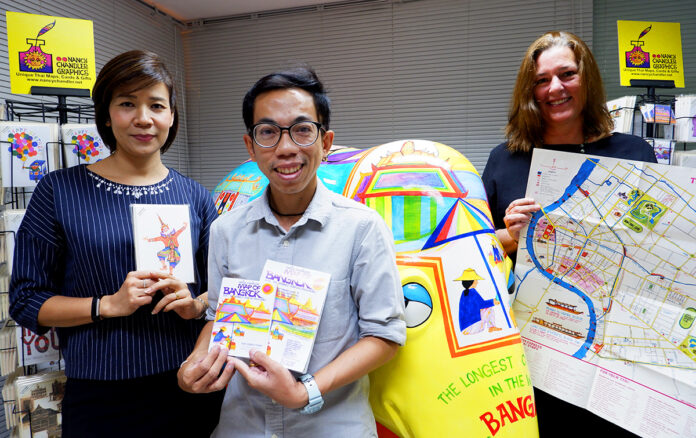 Varisara Bejrakashem, Roengsak Chankasem, and Nima Chandler of Nancy Chandler Graphics. Nima is holding an early version of the Nancy Chandler Map of Bangkok.