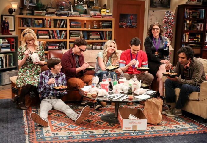 This photo provided by CBS shows Melissa Rauch, from left, Simon Helberg, Johnny Galecki, Kaley Cuoco, Jim Parsons, Mayim Bialik and Kunal Nayyar in a scene from the series finale of This photo provided by CBS shows Melissa Rauch, from left, Simon Helberg, Johnny Galecki, Kaley Cuoco, Jim Parsons, Mayim Bialik and Kunal Nayyar in a scene from the series finale of