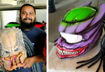 ‘Predator’ Meets Samurai, The Joker at Ratchaburi Helmet Shop Suriyan Tantemsin with a Predator helmet. Right, a Joker Predator helmet by him.