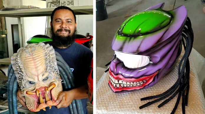 Suriyan Tantemsin with a Predator helmet. Right, a Joker Predator helmet by him.