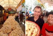 Wat Throws Free Durian Buffet for Labor Day The durian buffet on May 1, 2019 at Wat Tha Mai. Left: Wat Tha Mai / Facebook. Right: Paporn Pibulporn / Facebook