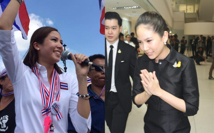 Left, Chitpas “Tant” Kridakon leads a street protest in 2014 (Image: Forest Goose / Pantip.). Right, Chitpas “Tant” Kridakon on May 29, 2019, at the Election Commission.