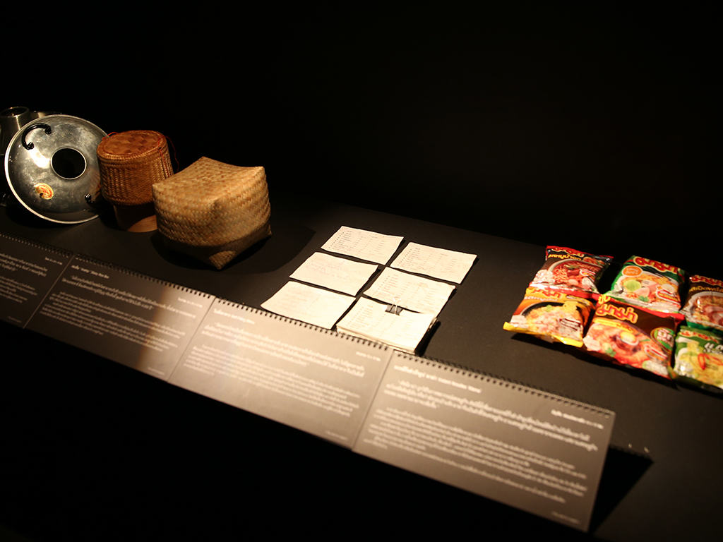 From the left: tom yum pot, sticky rice box, self-filling food order, and Mama instant noodles.