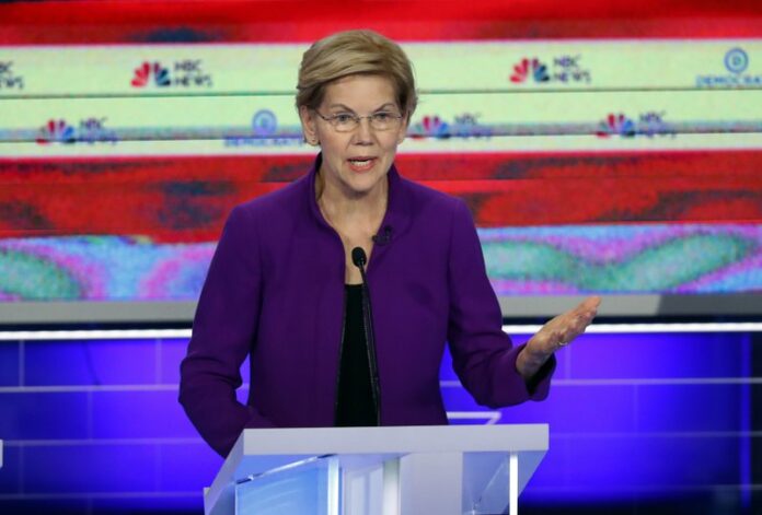 Democratic presidential candidate Sen. Elizabeth Warren, D-Mass., speaks during a Democratic primary debate hosted by NBC News at the Adrienne Arsht Center for the Performing Art, Wednesday, June 26, 2019, in Miami. (AP Photo/Wilfredo Lee)
