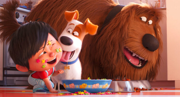 This image released by Universal Pictures shows Liam, voiced by Henry Lynch, from left, Max, voiced by Patton Oswalt, Duke, voiced by Eric Stonestreet in a scene from 