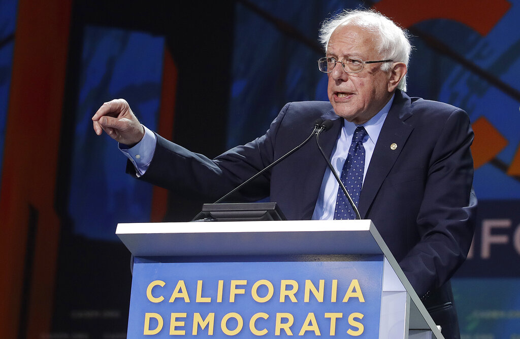 Democratic presidential candidate Sen. Bernie Sanders, I-Vt., speaks during the 2019 California Democratic Party State Organizing Convention in San Francisco, Sunday, June 2, 2019. Photo: Jeff Chiu / AP