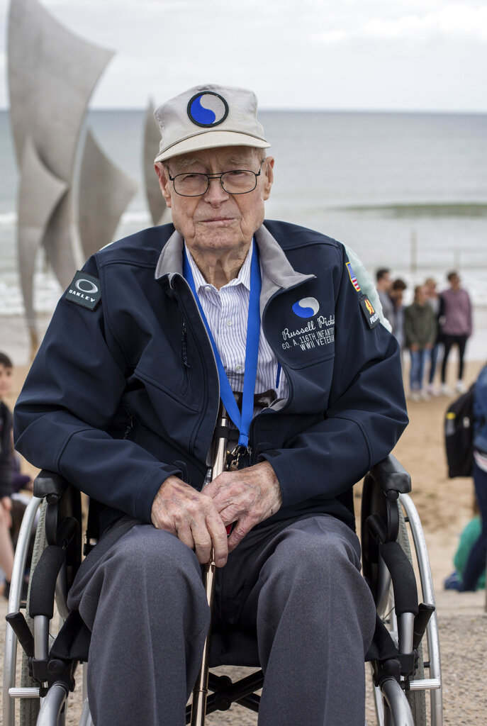 United States World War II veteran Russell Pickett, from Tennessee, poses at Omaha Beach in Saint-Laurent-sur-Mer, Normandy, France, Monday, June 3, 2019. In ever dwindling numbers, and perhaps for the last time, D-Day vets are answering the call to return to Normandy for the 75th anniversary of the June 6, 1944 landings. Photo: Rafael Yaghobzadeh / AP