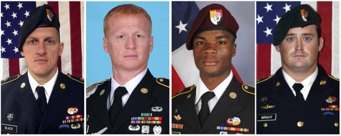 These images provided by the U.S. Army show, from left, Staff Sgt. Bryan C. Black, 35, of Puyallup, Wash.; Staff Sgt. Jeremiah W. Johnson, 39, of Springboro, Ohio; Sgt. La David Johnson, 25, of Miami Gardens, Fla.; and Staff Sgt. Dustin M. Wright, 29, of Lyons, Ga. All four were killed in Niger in 2017, when a joint patrol of American and Niger forces was ambushed by militants believed linked to the Islamic State group. Photo: US Army via AP