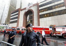 Helicopter Crashes on Roof of NYC Skyscraper, Killing Pilot New York City Police and Fire Department personnel secure the scene in front of a building in midtown Manhattan where a helicopter crash landed, Monday, June 10, 2019. The Fire Department says the helicopter crash-landed on the top of the tower, which isn't far from Rockefeller Center and Times Square. Photo: Richard Drew / AP