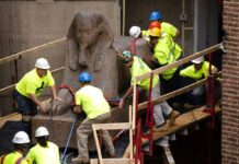 Huge Sphinx Makes Crawling Journey to New Spot in Museum Workers move a 25,000-pound Sphinx of Ramses II at the Penn Museum in Philadelphia, Wednesday, June 12, 2019. The 3,000-year-old sphinx is being relocated from the Egypt Gallery where it's resided since 1926 to a featured location in the museum's new entrance hall. Photo: Matt Rourke / AP