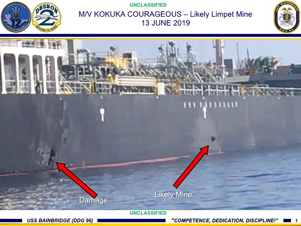 This June 13, 2019, image released by the U.S. military's Central Command, shows damage and a suspected mine on the Kokuka Courageous in the Gulf of Oman near the coast of Iran. The U.S. military on Friday, June 14, 2019, released a video it said showed Iran's Revolutionary Guard removing an unexploded limpet mine from one of the oil tankers targeted near the Strait of Hormuz, suggesting the Islamic Republic sought to remove evidence of its involvement from the scene. Photo: U.S. Central Command via AP