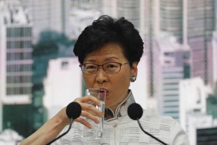 Hong Kong's Chief Executive Carrie Lam attends a press conference on Saturday, June 15, 2019, in Hong Kong. Lam said she will suspend a proposed extradition bill indefinitely in response to widespread public unhappiness over the measure, which would enable authorities to send some suspects to stand trial in mainland courts. Photo: Kin Cheung / AP