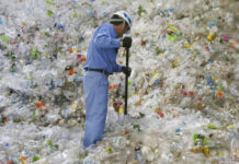 Big Plastic User Japan Fights Waste Ahead of G-20 Summit In this June 18, 2019, photo, a plastic recycling company worker sorts out plastic bottles collected for processing at Tokyo Petbottle Recycle Co., Ltd, in Tokyo. Photo: Koji Sasahara / AP