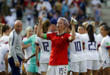 It’s On: The World Cup Clash Between the US and France United States'Megan Rapinoe celebrates at the end of the Women's World Cup round of 16 soccer match between Spain and US at the Stade Auguste-Delaune in Reims, France, Monday, June 24, 2019. US beat Spain 2-1. Photo: Alessandra Tarantino / AP