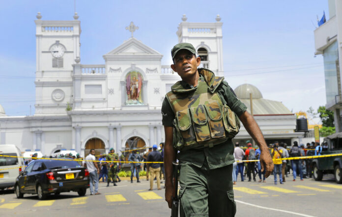 In this April 21, 2019 file photo, Sri Lankan Army soldiers secure the area around St. Anthony's Shrine after a blast in Colombo, Sri Lanka. Photo: Eranga Jayawardena / AP
