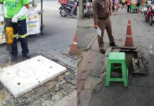 Woman Falls Down Manhole Near MRT, Submerged in Sewage Left: The new manhole being installed on June 19. Photo: Sansern Ruengrit / Twitter. Right: The cracked manhole on June 18. Photo: Huai Khwang District Office.