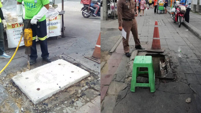 Left: The new manhole being installed on June 19. Photo: Sansern Ruengrit / Twitter. Right: The cracked manhole on June 18. Photo: Huai Khwang District Office.