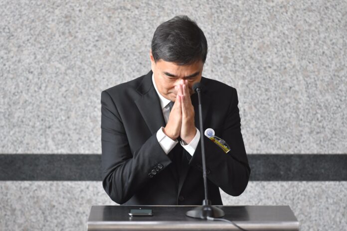 Abhisit Vejjajiva resigns as Democrat MP at the TOT Auditorium on May 6, 2019. Abhisit Vejjajiva resigns as Democrat MP at the TOT Auditorium on June 5, 2019.