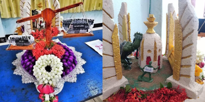 TRAYS_Header Now-deleted photos of the politically-inflected flower offering trays, originally posted Thursday June 13, 2019.