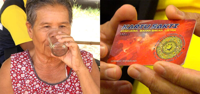 Left: Tongsri Wongchaiawet drinks a glass of water after dipping her Energy Card into it on June 11, 2019.