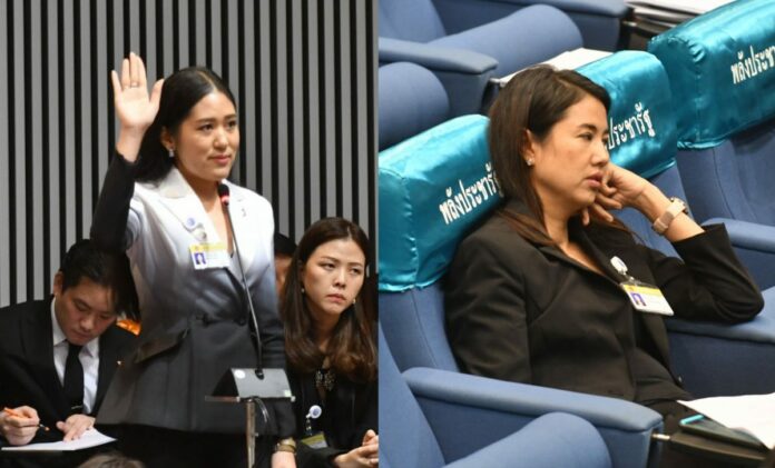 Parliament fashion feud: left, Pannika Wanich of the Future Forward Party. Right, Parina Kraikup of the Phalang Pracharath Party, both in parliament on June 5.