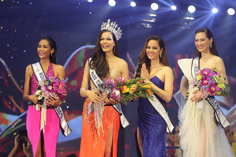 From left to right: second runner-up Thanatchaporn “Bella” Boonsaeng, Fahsai, Gray, and first runner-up Miriam Sornprommas.