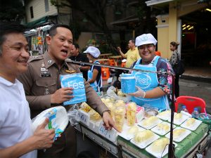 "This has to be stopped now," a police officer pointed at styrofoam trays while Wantanee Kumsathorn received samples of paper tray on July 2.