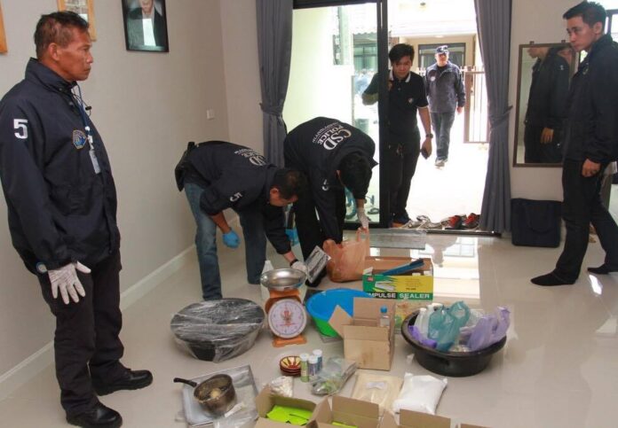 Police raid a counterfeit health products manufacturer in Samut Prakan province on July 26, 2017.