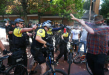 Antifa Clashes With Far Right in Portland; 3 Arrested After a confrontation between authorities and protestors, police use pepper spray as multiple groups, including Rose City Antifa, the Proud Boys and others protest in downtown Portland, Ore., on Saturday, June 29, 2019. In separate social media posts later in the day, police declared the situation to be a civil disturbance and warned participants faced arrest. Photo: Dave Killen/The Oregonian via AP