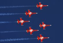 Swiss Air Force Team Apologizes for Fly-By in Wrong Place In this Friday, Jan. 18, 2019 file photo, the Swiss Air Force Patrouille Suisse aerobatic team performs during an alpine ski, men's World Cup combined in Wengen, Switzerland. The commander of the Swiss air force's aerobatics display team has apologized after his unit performed a low-altitude pass over the wrong village at the weekend Saturday July 6 - Sunday July 7, 2019. Photo: Marco Tacca / AP
